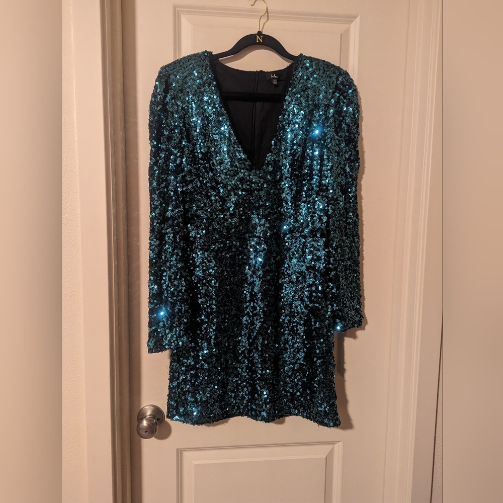 Lulu's Teal Sequin dress, perfect for the holidays!!